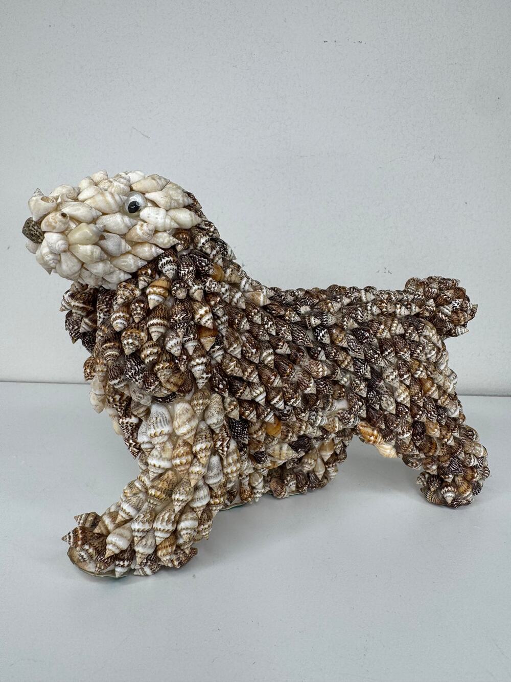 Vintage Philippines Seashell Dog Figurine Handmade Shell Art Googly Eyes 5 Inch